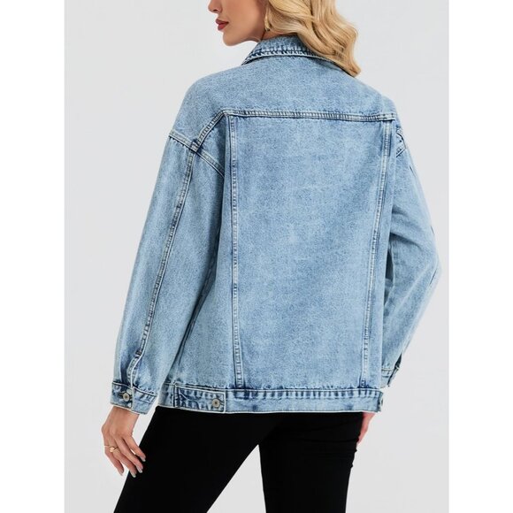 Women's Oversized Denim Jacket Jean Jacket Trendy Loose Fall Trucker Light Blue - Picture 2 of 7